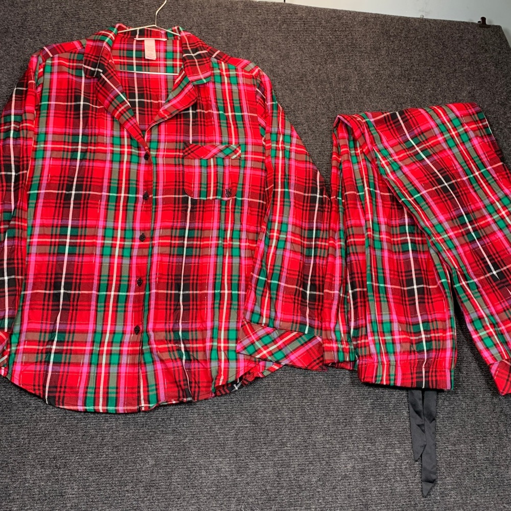 Victoria's Secret Pajama Set M Red Plaid Holiday Christmas Lurex Cozy Sleep Soft